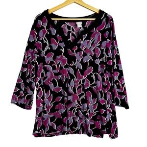 Chicos Travelers Black Floral Slinky 3/4 Sleeve V Neck Tunic Top Size 2
